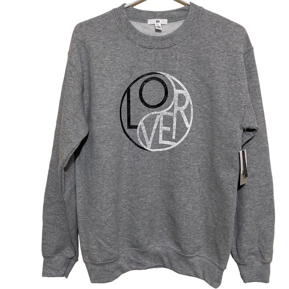 BP Women’s Gray Graphic Lover Crew Neck Pullover Sweater Size S NWT